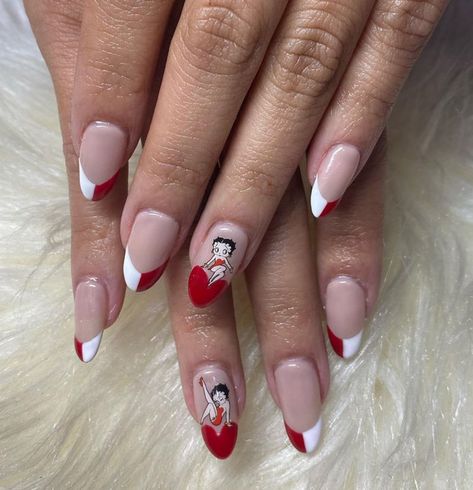 50s Nails Vintage, Red Vintage Nails, Pinup Nails Vintage Style, Vintage Red Nails Retro, Cherub Angel Nails, Snoopy Nails, Hollywood Nails, Concert Nails, January Nails