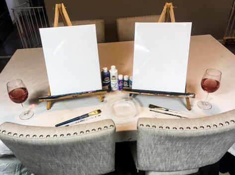 Couples Painting Date Night At Home: Paint & Sip Couple's Edition Couples Painting, Wine And Paint Night, Cute Dates, Painting Date, Creative Date Night Ideas, Dates Ideas, At Home Dates, Dream Dates, Romantic Date Night Ideas