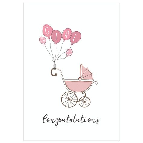 Front of Card: Illustration of a pram with pink balloons. Text Reads:  "Congratulations" You can personalise the inside of this card by adding a message, or leave it blank and handwrite your message if you would prefer.Our personalised cards can be sent to you or direct to the recipient - see checkout for details. Baby Girl Cards Congratulations, Baby Congratulations Card, Congrats Card, Girl Birthday Cards, Personalised Cards, Congratulations Baby, Pink Balloons, Your Message