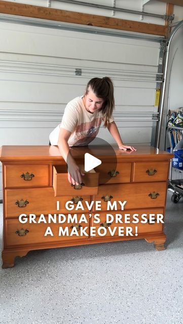 Jenna Townsend | Furniture Flips + DIY on Instagram: "Hope I did Grandma proud! 😉👵🏻  Comment DETAILS for a full list of the products/links I used on this vintage dresser makeover!  Paint Color: Wise Owl Enamel (random mix of Kashmir, Gray Linen, Fauna)  #vintagefurniture #furnitureflip #furnituremakeover #paintedfurniture #painting #diyproject #dressermakeover #woodstain #vintage #thrifted #woodfurniture #dresser #paintsprayer" Dresser Makeover Paint, Black Dresser Diy, Dresser Makeover Black, Wood Dressers Makeover, Refinished Dresser Diy, Diy Nightstand Makeover, Modern Dresser Makeover, Vintage Dresser Makeover, Vintage Furniture Makeover