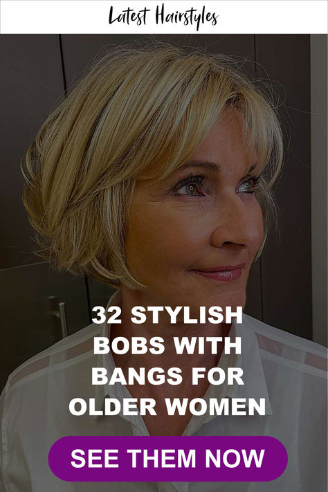 Picture of an older woman with a short bob and bangs Short Bob With Bangs, Bobs With Bangs, Choppy Bob Hairstyles For Fine Hair, Kort Bob, Short Bobs With Bangs, Over 60 Hairstyles, Bangs For Women, Bob Hairstyles For Thick, Bob Hairstyles With Bangs