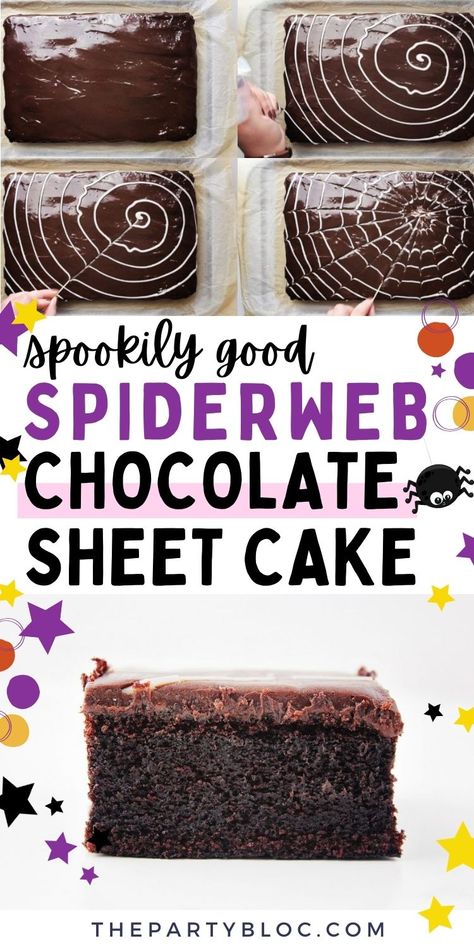 An easy and delicious chocolate sheet cake recipe with a fun Halloween twist! This spookily good cake is so simple to decorate with a fun DIY spider web design over an easy chocolate ganache frosting. This 9x13 inch cake recipe uses buttermilk to keep things moist and fudgy & has a secret ingredient to bring out that chocolatey flavor! It's a great recipe for celebrating a Halloween birthday, or if you just want a simple old fashioned homemade chocolate cake made with store cupboard ingredients. Spider Web Sheet Cake, 9x13 Halloween Cakes, Halloween Cake Easy Simple, Halloween Sheet Cake Decorating, Halloween Sheet Cake Ideas, Halloween Sheet Cake, Chocolate Spider Web, Halloween Chocolate Cake, Cake Diy Easy