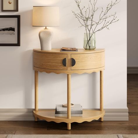 Amazon.com: Scalloped Skirt Half Moon Console Table - Small Entry Table with Storage for Narrow Spaces - Modern Home Decor - Living Room Furniture - Solid Wood Entryway Table with Two Doors (Natural Oak) : Home & Kitchen Semi Circle Table, Entry Table With Storage, Entryway Round Table, Small Hallway Table, Small Entry Table, Wood Entryway Table, Small Entry Tables, Curved Console Table, Curved Console