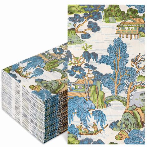 PRICES MAY VARY. WHAT YOU WILL GET: 100pcs guest paper napkins are contained in the set, delicate designs that make it suitable for the use on parties and dinner tables, sufficient quantity to meet your different needs. VINTAGE CHINOISERIE DESIGN: Our paper napkins are patterned with landscapes in vintage chinoiserie style, vivid and lively, perfect for party table decor to delight and impress your guests. SAFE MATERIAL: Made of good quality paper, soft and degradable, not easy to tear, and they Chinoiserie Bathroom Decor, Chinoiserie Napkins, White Dinning Room, Chinoiserie Party, Napkin Art, Sushi Dinner, Chippendale Chairs, Napkins Paper, Chinoiserie Design