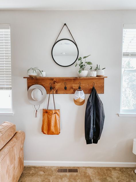 DIY 4’3” shelf with hooks for entryway Wall Shelf With Hooks Bedroom, Shelf Hooks Entryway, Entryway Shelves With Hooks, Hooks With Shelf Above, Mirror And Coat Hooks, Coat Hook With Shelf, Diy Entry Hooks, Shelf And Hooks Entry Ways, Entry Way Shelf And Hooks