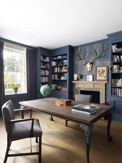 Home Library Table, Library Table Decor Ideas, Georgian Study, Dining Playroom, Georgian Rectory, Painted Library, Library With Fireplace, Contemporary Study, Blue Home Offices