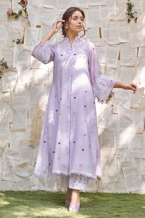 Buy Naaz By Noor Purple Cotton Chanderi Heart Thread Embroidered Kurta And Pant Set Online | Aza Fashions Kalamkari Dresses, Modest Casual Outfits, Lace Dress Design, Kurta Pant Set, Designer Kurti Patterns, India Dress, Kurti Designs Latest, Fashion Sketches Dresses, Beautiful Pakistani Dresses