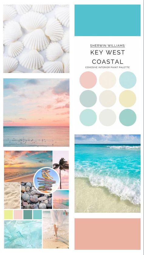 Apartment Room Color Schemes, Florida Paint Colors Exterior, Light And Airy Paint Palette, Coastal Themed House, Key West Bathroom Ideas, Coastal Kitchen Palette, Ocean Wall Colors, Beach Bedroom Color Palettes, Coastal House Color Palette