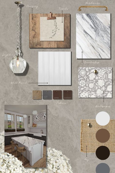 Kitchen mood board modern farmhouse Mood Board Modern Farmhouse, Farmhouse Kitchen Mood Board, Mood Board Kitchen, Kitchen Mood Board, Material Palette, Home Work, House Inspo, Farmhouse Kitchen, Modern Farmhouse