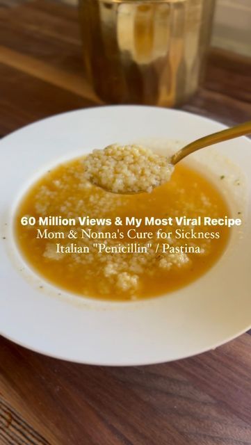 Caterina Cosentino | Easy, Quick & Family Recipes on Instagram: "“Italian Penicillin” or Pastina to us, was a staple in our house growing up when we were under the weather. Mom and Nonna made it for us and I swear within a day we were feeling better😂 they had all the tricks and old wives tales to fix everything. I know if I can be half the mama they were, I’ll be alright :)

4 cups organic chicken or veggie broth 
6 cups water
3 celery ribs, cut in half
3 carrot stalks, peeled and cut in half
6 garlic cloves, whole
1 whole onion, yellow or white 
1tsp salt
1-2tbsp chicken bouillon (optional)
Pastina, orzo, Ditalini pasta of your choice
Sprinkle with Parmesan cheese

1. In a stock pot, add water and chicken broth. Add all vegetables and bring to a boil on medium high heat. 
2. Once boiling Penicillin Soup, Italian Penicillin, Quick Family Recipes, Pastina Recipes, Pastina Soup, Italian Soup Recipes, Quick Soup Recipes, Quick Family Meals, Veggie Broth