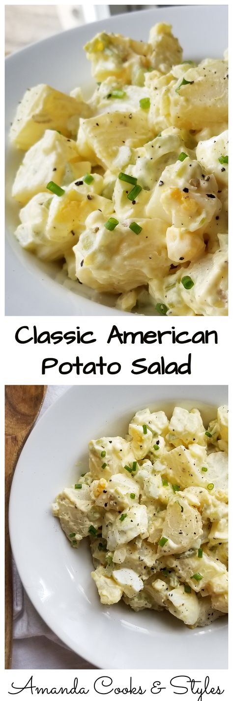 Creamy and delicious classic American potato salad is the perfect easy side dish for upcoming Summer barbecue's! BBQ Sweet Potato Snack, American Potato Salad, Bbq Salads, Classic Potato Salad, Bbq Side Dishes, Bbq Dishes, Bbq Sides, Potato Salad Recipe, Side Dishes For Bbq