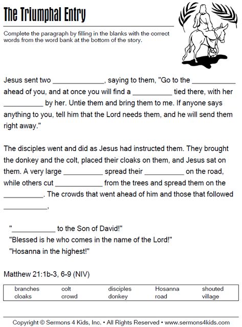 The Triumphal Entry - Fill in the Blanks Palm Sunday Word Search, Triumphal Entry Craft For Kids, Triumphal Entry Craft, The Triumphal Entry, No Entry Sign, Candy Poems, Sunday School Worksheets, Class Snacks, Prayer For Our Children