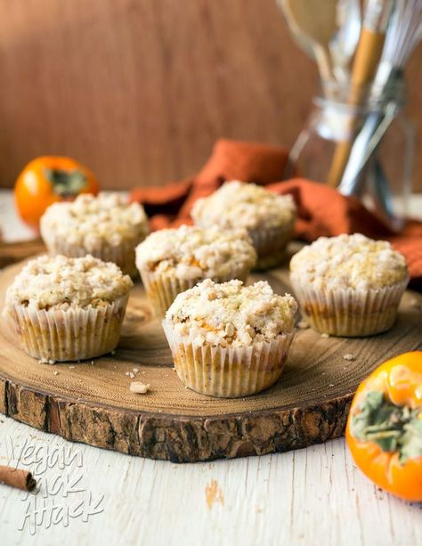 Looking for persimmon recipes? Look no further! These Mini Persimmon Coffee Cakes are quite the treat! #vegan #soyfree @VeganYackAttack Persimmon Cookies, Muffins Blueberry, Persimmon Recipes, Best Vegan Desserts, Almond Muffins, Fall Vegan Recipes, Vegan Cupcakes, Zucchini Muffins, Coffee Cakes