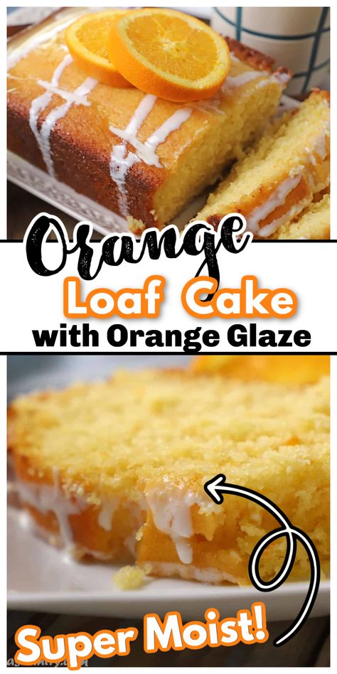 Orange loaf cake with white glaze and orange slices. With Pinterest overlay. Coconut Orange Cake Recipe, Ultimate Orange Cake, Moist Orange Bread, Orange Coconut Cake Recipes, Best Orange Cake Recipe Moist, Delicious Cakes Recipes, Orange Cake Recipe Moist Easy, Fresh Orange Recipes, Fresh Orange Cake Recipe