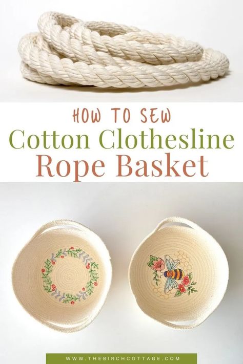 Diy Rope Basket Sewing, Clothesline Basket How To Make, Clothesline Rope Basket, Oval Rope Basket Diy, How To Make Rope Bowls, Machine Embroidery Rope Bowls, How To Make Rope Baskets, Fabric Rope Baskets, Rope Bowls Diy How To Make