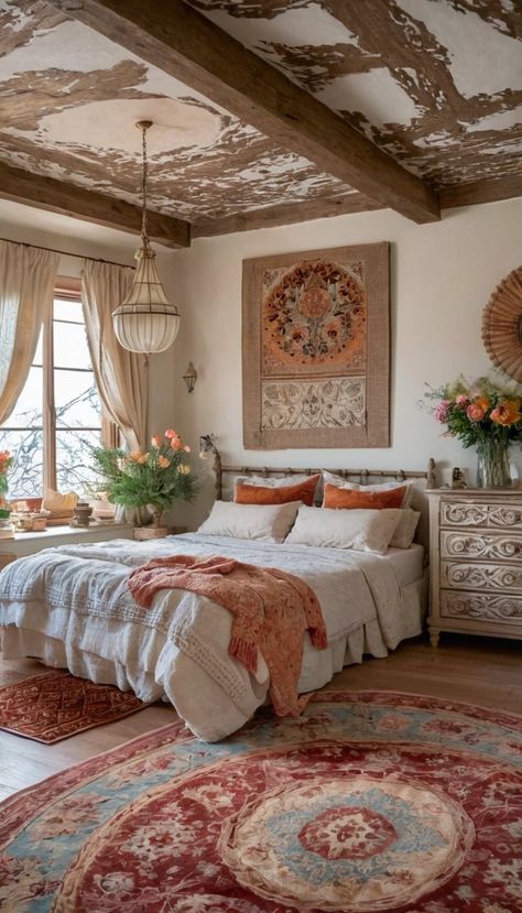 french style grandma core bedroom - rustic ceiling vintage wall art, hanging lamp, flowers on side table and faded rugs Italian Cottage Bedroom, French Country House Bedroom, Romantic Guest Bedroom Ideas, French Cottage Bedroom Ideas, Vintage Parisian Bedroom, French Country House Provence, French Bedroom Decor Vintage, Tiled Bedroom, Romantic Vintage Bedroom Ideas