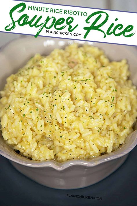 Souper Rice - quick creamy cheater risotto recipe made with minute rice, cream of chicken soup, chicken broth and parmesan cheese - ready in 10 minutes. Souper Rice, Soup Chicken Broth, Super Rice, Rice Recipes Side, Rice Cream, Rice Side Dish Recipes, Minute Rice, Soup Chicken, Rice Side Dishes