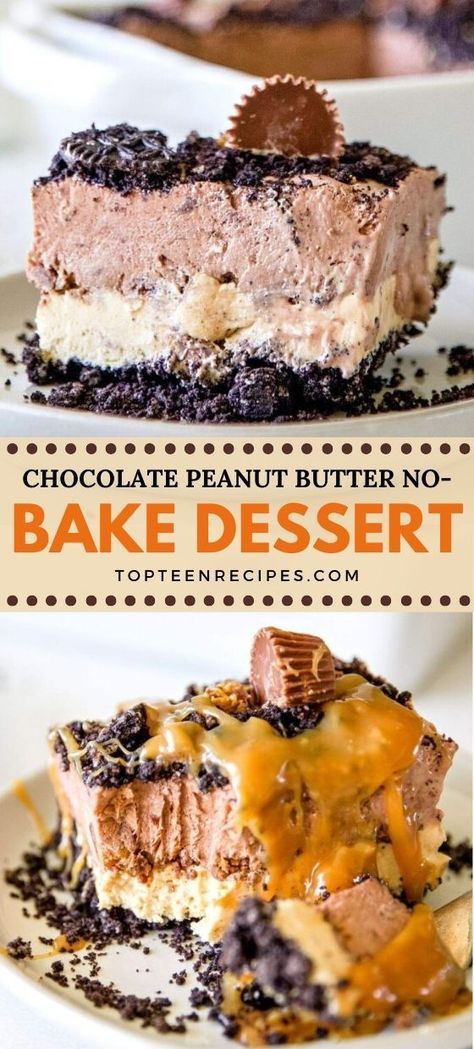 Layered peanut butter and chocolate desserts are a favorite in our house! This Chocolate Peanut Butter No-Bake Dessert is one of the most satisfying recipes you will find. It’s a mostly pudding dessert, with layers of whipped topping, peanut butter cheesecake, and a crunchy Oreo crust. Be sure to check out the alternative recipes included in this post for more chocolate desserts and unique ideas! Peanut Butter Chocolate Pie No Bake, Dessert Recipes With Pudding, Quick Desserts No Bake, Easy Chocolate Peanut Butter Desserts, Peanutbutter Dessert Easy, Peanut Butter Recipes Desserts, Peanut Butter Fluff Dessert, Desserts With Oreos, Peanut Butter Chocolate Desserts