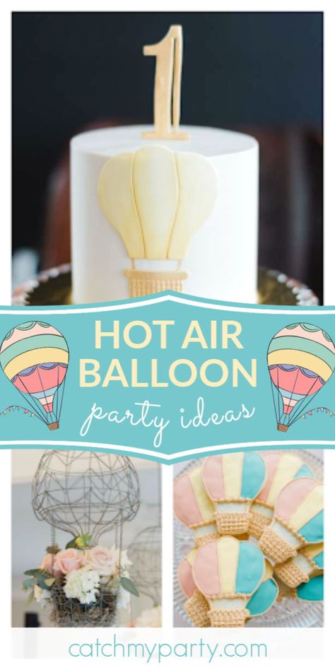 Hot Air Balloon One Year Old Birthday, 1st Birthday Hot Air Balloon Theme, Hot Air Balloon Birthday Theme, Hot Air Balloon Party Ideas, Hot Air Balloon Birthday Cake, Balloon Party Ideas, Hot Air Balloon 1st Birthday, Birthday Hot Air Balloon, Hot Air Balloon Cookies