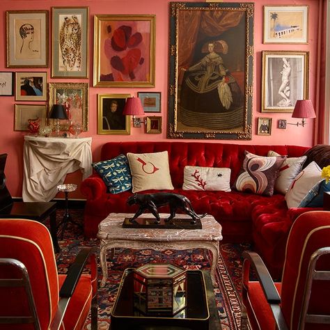 Chairish | For Chic And Unique Homes Maximalist Living Room, Maximalist Bedroom, Red Living, Maximalist Interior, Red Couch, Living Room Red, Red Sofa, Maximalist Decor, Funky Design