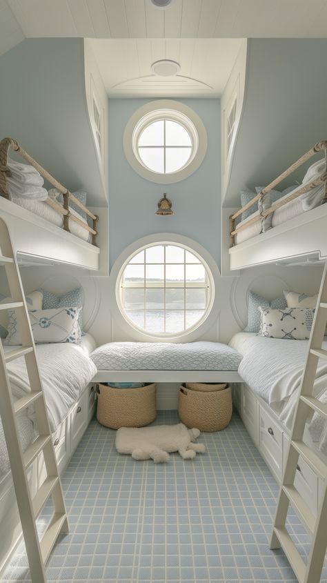 Coastal Bunk Room, Bunk Room Ideas, Costal Bedroom, Backyard Deck Ideas, Beach House Room, Creative Backyard, Space For Kids, Beach House Bedroom, Bunk Rooms