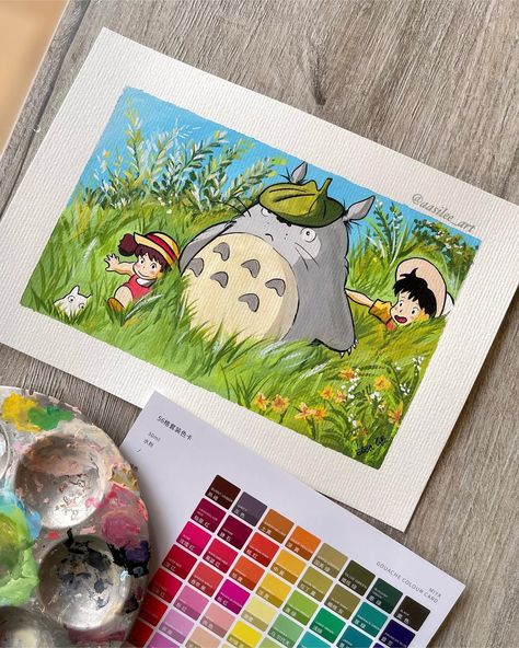 Totoro Drawing Watercolor, Totoro Watercolor Paintings, Anime Gouache, Ghibli Gouache Painting, Ghibli Gouache, Totoro Watercolor, Totoro Painting, Studio Ghibli Painting, Gouache Painting Tutorial