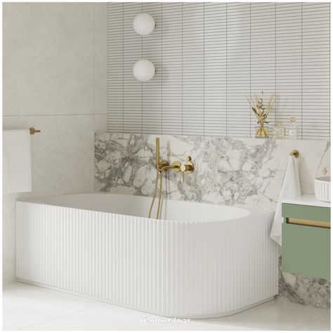 J Shaped Bath, Fluted Bathtub, Fluted Bath, Freestanding Corner Bath, Bathrooms Renovations, Curved Bathroom, Lodge Bathroom, Bathroom Tub Shower Combo, Bath Tube