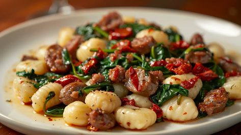 Triple Threat Gnocchi w/ Sausage, Spinach and Sundried Tomatoes - Andrea Buckett Pasta With Yogurt, Quiche With Potato Crust, Sausage Gnocchi, Sausage Spinach Pasta, Asparagus Quiche, Chicken Salad With Apples, Sausage Spinach, Quick Delicious Meals, Pasta Noodle Recipe