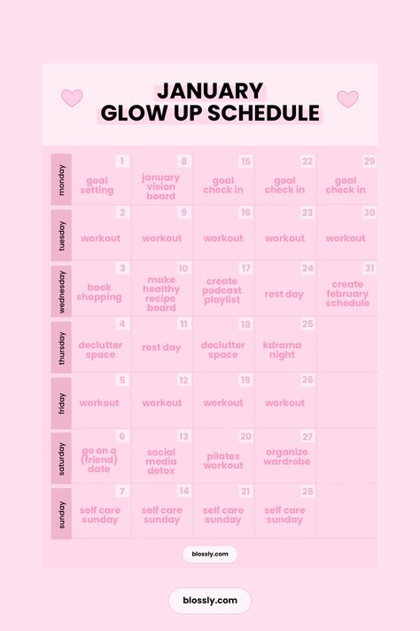 Your January Schedule for Your 2024 Glow Up | The 30 Day Blossom Challenge – Blossly January 2024 Goals, January Challenge Ideas, Monthly Glow Up, January Reset Challenge, January Glow Up Challenge, Month Glow Up Plan, January Reset 2024, Glow Up Schedule, January Challenge 2024