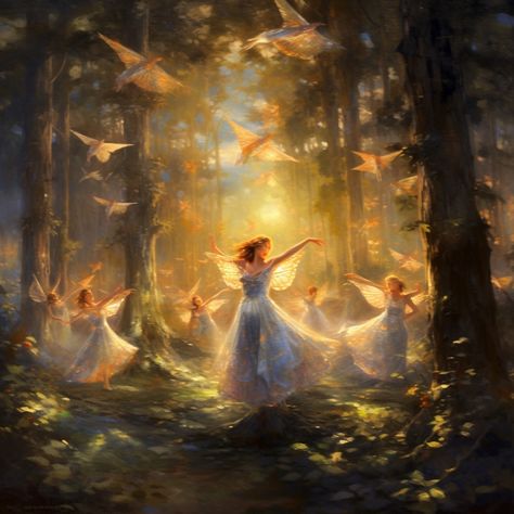 graceful fairies with shimmering wings like precious stones dancing in the forest with beams of sunlight shining though the trees Fantasy Dancing, Magic Dance, Fairy Dancing, Fairy Dance, Dancing Fairy, Dancing Fairies, Sunlight Painting, Light Fairy, Magic Fairy Forest