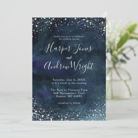 Elegant and romantic galaxy theme invitation template card for fall or winter weddings! Background is dark navy blue watercolor with faux silver glitters on the top and bottom. The design resembles stars in a night sky. The card is easily customizable online. The couple's names are in a beautiful script font. Galaxy Theme Invitation, Weddings Background, Romantic Galaxy, Silver Glitter Wedding Invitations, Celestial Wedding Theme, Starry Night Wedding, Red Wedding Theme, Snow Wedding, Glitter Wedding Invitations