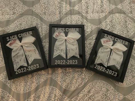 Senior Night Ideas Dance Team, Cheer Senior Baskets, Cheer Coach Gift Basket Ideas, Cheer Uniform Shadow Box Ideas, Cheerleader Senior Night Gifts, Senior Night Cheer Ideas, 2026 Senior, Cheer Senior Night, Senior Basket