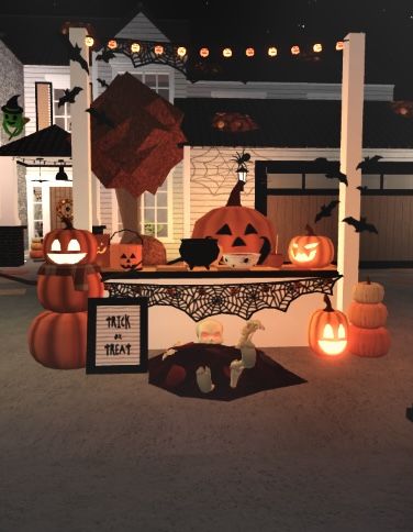 Halloween Decorations Outdoor Candy Table, Halloween Outdoor Table Setup, Halloween Outdoor Candy Table, Driveway Trick Or Treat Table, Halloween Trick Or Treat Porch Ideas, Halloween Stand Decor, Trick Or Treating Decorations, Scary Trick Or Treat Ideas, Garage Trick Or Treat