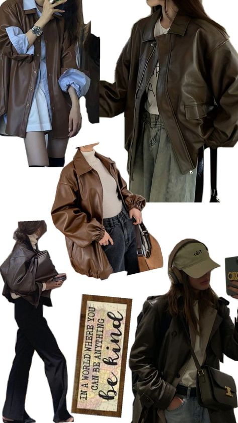 Oversized Tan Jacket Outfit, Vintage Brown Leather Jacket Outfit, Oversized Brown Leather Jacket Outfit, Dark Brown Jacket Outfit, Vintage Brown Biker Leather Jacket For Winter, Casual Vintage Brown Leather Jacket For Winter, Vintage Brown Biker Jacket For Winter, Vintage Brown Leather Jacket For Winter, Brown Oversized Leather Jacket