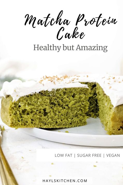 A healthy but still amazing Matcha Protein Cake with Japanese green tea flavor, subtle sweetness and soft sponge cake texture. This healthy matcha cake recipe is sweetened with protein powder, has no sugar and very little butter - the perfect healthy matcha dessert! Healthy Matcha Dessert, Matcha Cake Recipe, Matcha Recipe Baking, Matcha Bread, Soft Sponge Cake, Cake Texture, Matcha Green Tea Recipes, Green Tea Cake, Matcha Dessert