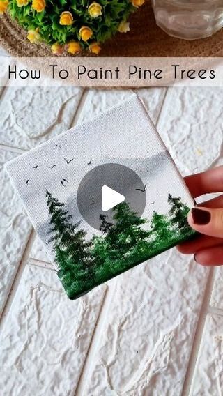 Beginner Winter Painting, Paint Evergreen Trees, 4×4 Canvas Painting, How To Paint Acrylic On Canvas, Canvas Painting Christmas Ideas, Paint Trees Acrylic, Canvas Tree Painting, How To Paint A Tree Acrylic, Tree Painting Tutorial