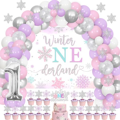 PRICES MAY VARY. Package Includes: The winter onederland 1st birthday girl decorations include 55 x latex balloons 12 inches, 15 x latex balloons 5 inches, 1 x winter onederland backdrop 3 x 5 ft, 1 x number 1 foil balloon 32 inches, 1 x winter onederland cake topper, 20pcs snowflake cupcake toppers, 10pcs snowflake stickers, 1 x balloon garland strip, 1 roll of 100pcs adhesive dots, which can meet your various needs for winter 1st birthday girl decorations Winter Onederland 1st Birthday Girl De Winter Onederland Party Decorations, Frozen First Birthday, Winter Onederland Party Girl, First Birthday Winter, Backdrop Balloon, Winter Onederland Birthday Party, Onederland Party, 1st Birthday Girl Decorations, Winter Onederland Party