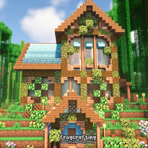 a cozy storage house in the jungle!!! if you're not playing with mods you can always just swap out the blue wood for warped, copper, or more prismarine!!🌿🥰 #cottagecoreminecraft #cottagecore #cottage #minecraftcottage #minecraftaesthetic #aesthetic #aestheticminecraft #fairycore #frogcrafting Minecraft House Jungle Wood, Cute Jungle Wood House Minecraft, Warped Minecraft House, Minecraft Aesthetic Builds Cottage, Jungle Wood House Minecraft, Minecraft Warped Wood Builds, Jungle Minecraft Houses, Prismarine Builds Minecraft, Blue Minecraft House