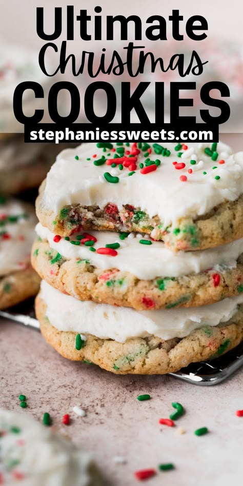 These Christmas sprinkle cookies are perfectly chewy sugar cookies full of Christmas sprinkles. They have a whipped frosting and more sprinkles on top. Sprinkle Filled Cookies, Little Debbie Christmas Tree Cookies, Christmas Cookies Sprinkles, Christmas Cookies 2023, Award Winning Christmas Cookies, Christmas Kitchen Sink Cookies, Christmas Bakesale, Cookie Recipes For Christmas, Christmas Sprinkle Cookies