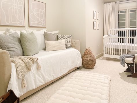 Nursery Day Bed Ideas, Neutral Nursery With Daybed, Nursery Daybed Ideas, Cream Crib Nursery, Daybed Styling Ideas Nursery, Nursery And Guest Room Combo Small Spaces, Baby Room With Queen Bed, Day Bed And Crib Room, Daybed And Crib Shared Room