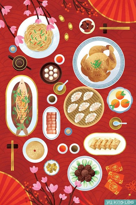 illustrated greeting card for Chinese New Year Chinese Food Illustration, Japanese Food Illustration, Chinese New Year Food, Tea Illustration, New Year Illustration, Chinese New Year Greeting, Food Illustration Art, Illustration Portfolio, Bandana Design