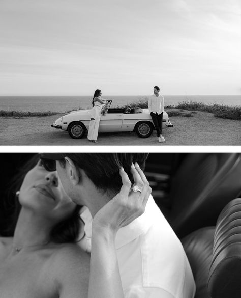 Engagement Photos With Sports Car, Couple Photoshoot With Vintage Car, Classic Car Elopement, Vintage Car Engagement Photos Beach, Drag Racing Engagement Photos, Save The Date Photoshoot Ideas Creative, Vintage Engagement Photos 1950s, Engagement Photos Vintage Car, Vintage Car Couple Photoshoot