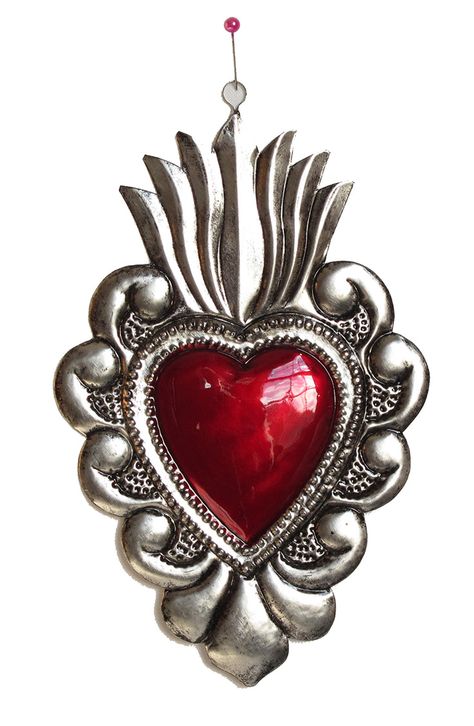 Heart is handmade by Oaxacan tinsmith Conrado Villegas.  Measures 6 inches tall. Jaime Hernandez, Milagro Heart, Tin Foil Art, Sacred Heart Art, Aluminum Foil Art, Tin Wall Decor, Tin Ornaments, Tin Wall, Metal Embossing