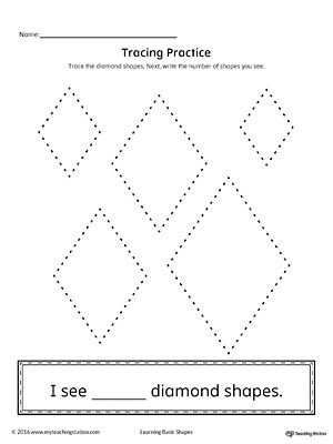 Geometric Shape Counting and Tracing: Diamond Worksheet.Practice counting and tracing the geometric shape diamond in this printable worksheet. Shape Worksheet, Shape Tracing Worksheets, Shapes Preschool, Shapes Worksheets, Printable Preschool Worksheets, Shapes Activities, Math Printables, Tracing Letters, Writing Worksheets