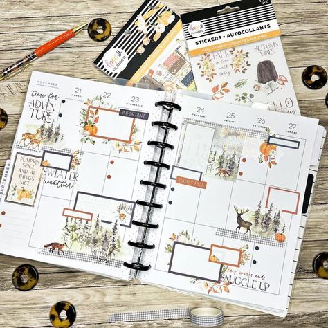 Happy Planner Fall Harvest, Happy Planner Fall Harvest Layout, Fall Planner Ideas, Happy Planner Vertical Layout Ideas, Happy Planner Dashboard Layout Ideas, Mambi Happy Planner Layout, Monthly Journaling, November Planner, Goal Aesthetic