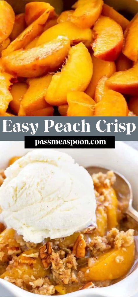 This peach crisp is a delicious dessert that combines juicy, sliced peaches with a crunchy, buttery topping. It’s a classic dessert that can be enjoyed on its own or served with a scoop of vanilla ice cream for an extra treat. Peach Desserts With Canned Peaches, Frozen Peaches Recipes, Peach Crisp With Canned Peaches, Dessert With Peaches, Peach Recipes Dessert, Vegan Peach Crisp, Peach Desserts Easy, Easy Peach Crisp, Sliced Peaches