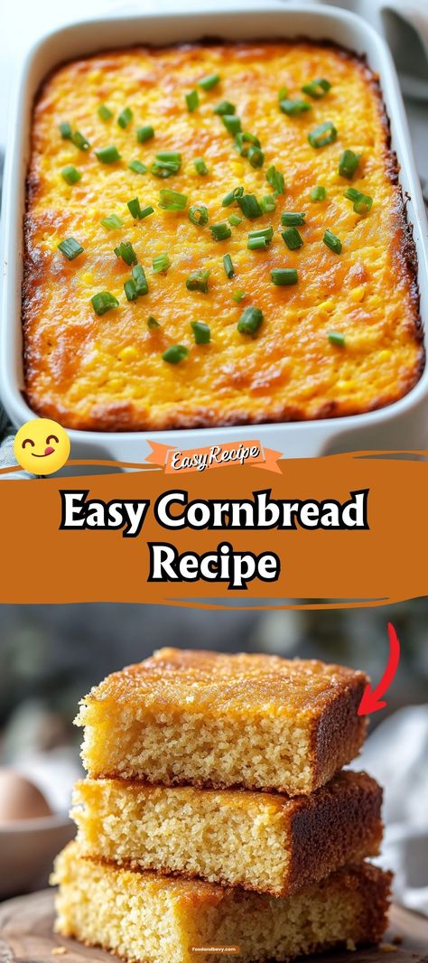 Whip up a batch of our Easy Cornbread, a golden, buttery delight that pairs wonderfully with soups, stews, or your favorite chili. This foolproof recipe results in a moist, crumbly bread that's a welcome addition to any meal. #Cornbread #EasyBaking #ComfortFood Cornbread For A Crowd Recipe, Easy Homemade Cornbread, Southern Cornbread Recipe, Fluffy Cornbread, Easy Cornbread, Easy Cornbread Recipe, Cornbread Muffins Recipe, Best Cornbread Recipe, Cornbread With Corn