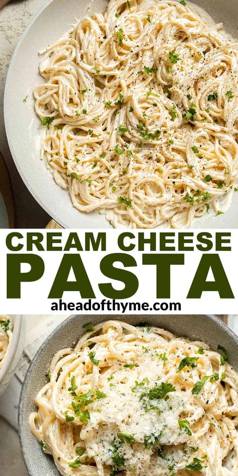 This Cream Cheese Pasta is simple, creamy, and so delicious. Adding cream cheese is the secret to the creamiest, easiest pasta ever. As the cream cheese melts and cooks with the starchy pasta water, it turns into a glossy sauce that coats each noodle with a rich, tangy flavor. This easy cream cheese pasta is ready in just 15 minutes from start to finish and is about to be your new best friend on those busy weeknights! | aheadofthyme.com #creamcheesepasta #cheesepasta #cheesypa via @aheadofthyme Easy Cream Cheese Sauce For Pasta, Cream Cheese Parmesan Pasta, Cream Cheese Chicken Pasta Recipes, Creamy Pasta Without Cream, Pasta Water Sauce, Lemon Cream Cheese Pasta, Cream Cheese Recipes Pasta, Easy Creamy Garlic Pasta, Pasta With Cream Cheese Sauce