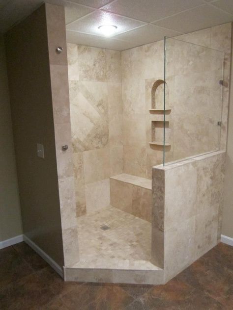 Corner Tile Shower Ideas Walk In, Corner Shower With Bench, Corner Walk In Shower Ideas, Corner Shower Ideas, Travertine Shower, Half Bathroom Remodel, Shower Remodel Diy, Small Shower Remodel, Gray Tile