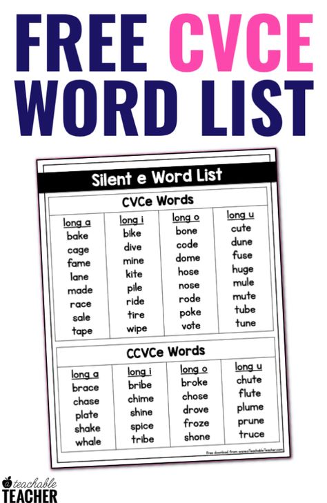 Cvc And Cvce Word List, Cvce Words Worksheets, Cvce Activities Freebies, Cvcc Word List, Magic E Words List, Teaching Silent E, Silent E Activities, Digraph Word List, Cvc Words Reading Practice